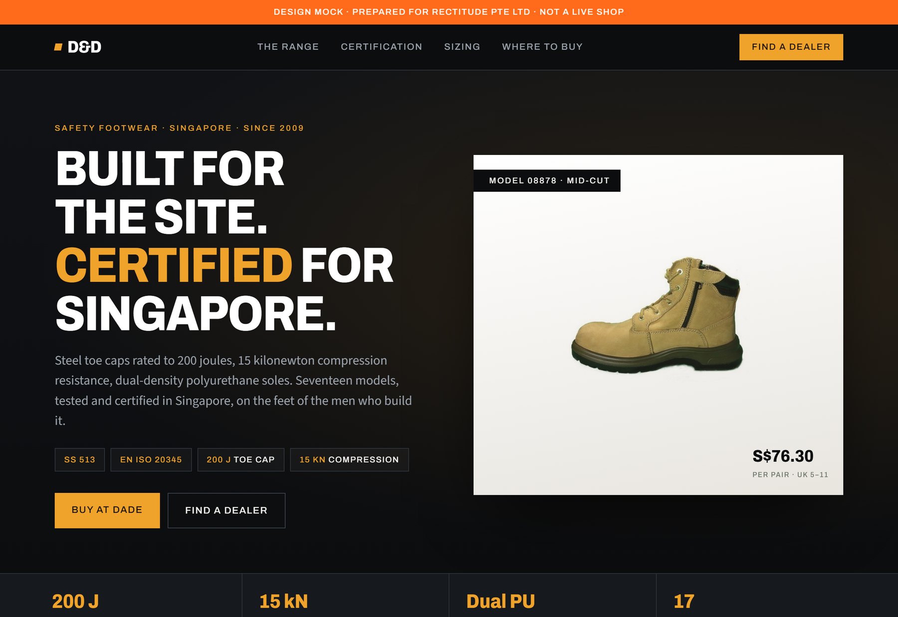 Mock homepage of a D&D safety footwear brand website